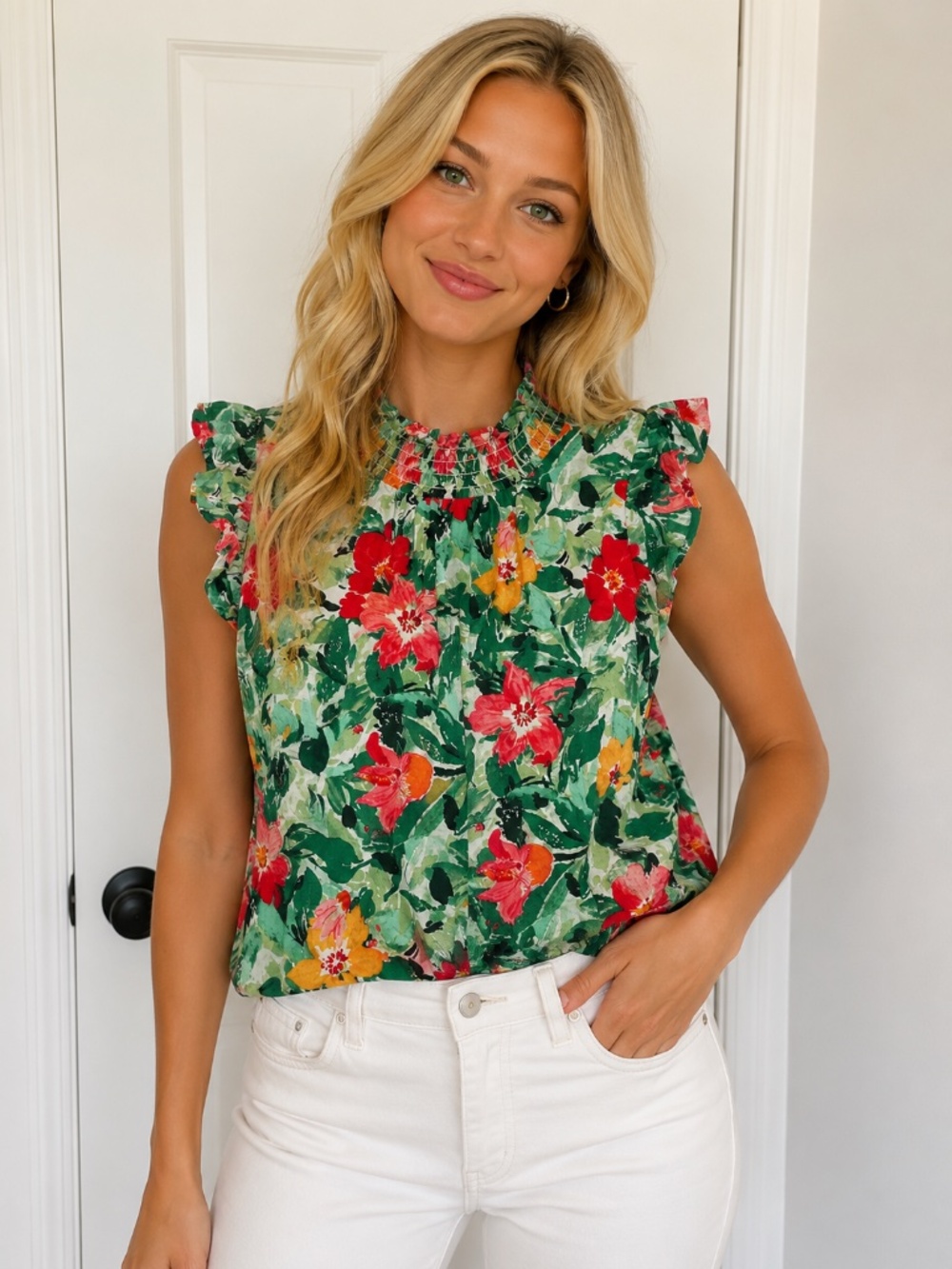 Floral Button Back Ruffle Sleeve Blouse XS Tropical Print Top